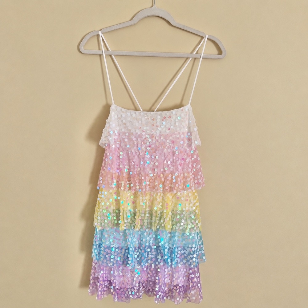 Beginning Boutique Dress Women's 4 New NWT Pastel Rainbow Mini Party Sequins